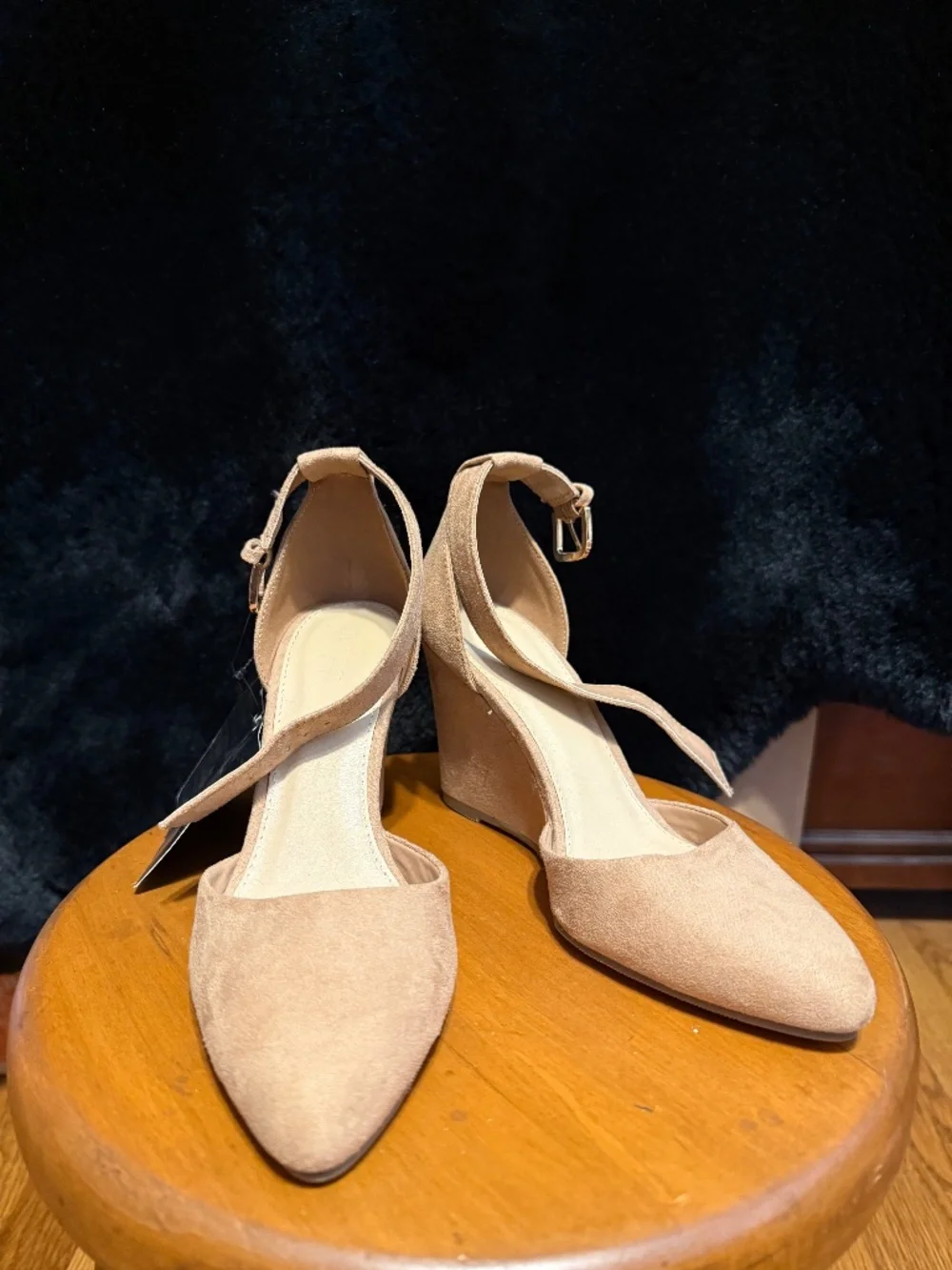 Beige suede like wedges with ankle straps